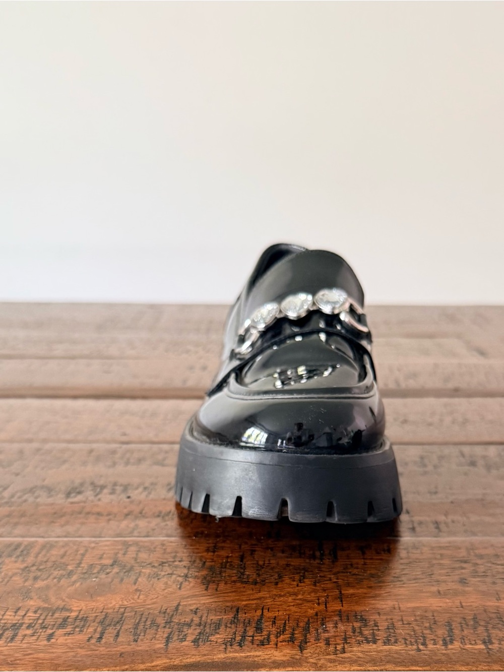 Call It Spring Black Patent Vegan Lug-Sole Loafer with Silver Rhinestones SZ.8.5 - Picture 4 of 8